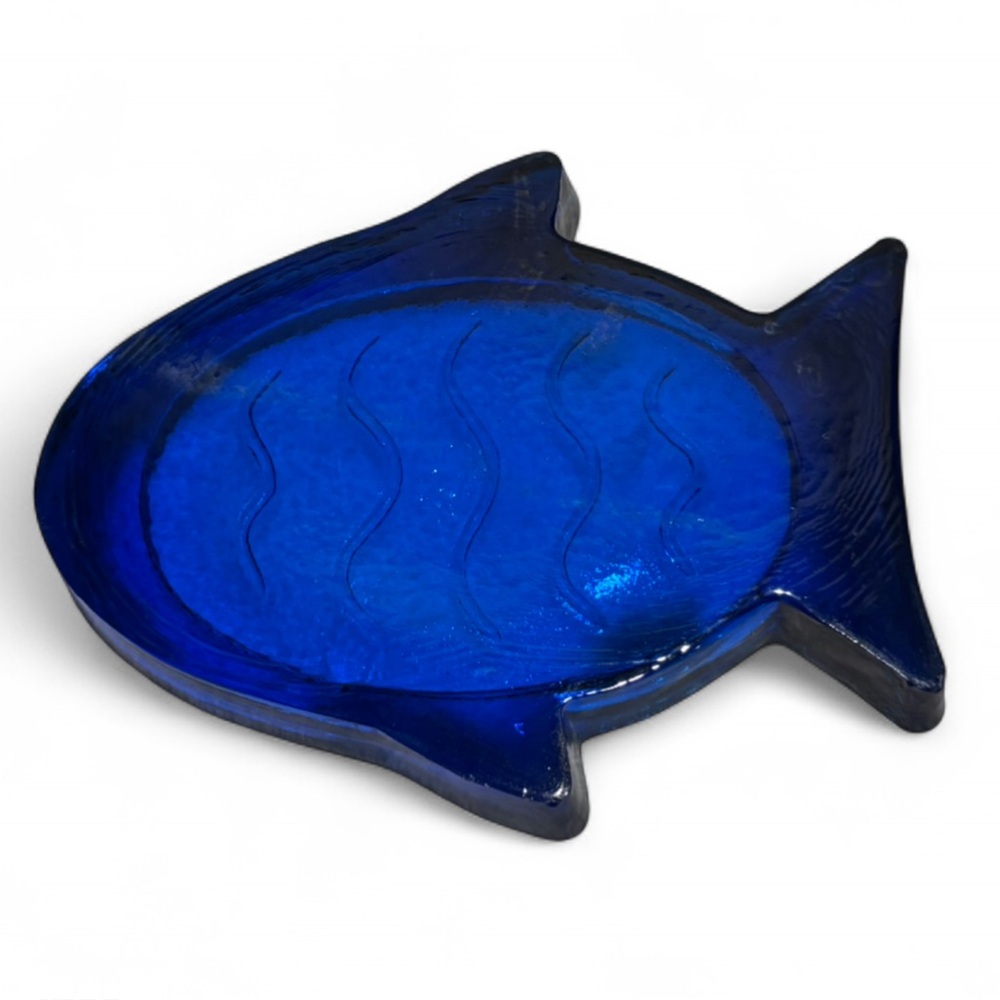 Vintage Cobalt Blue Glass Fish Soap Dish 6 X 4.75"